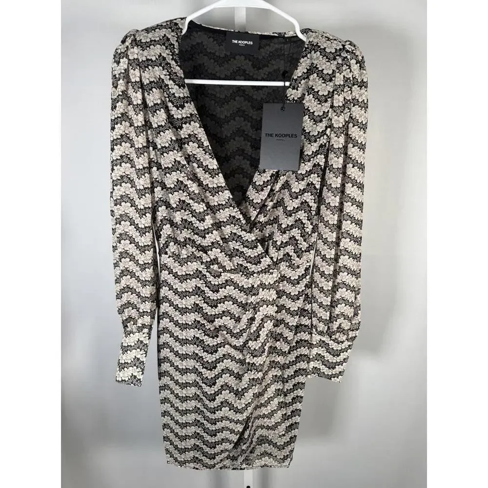NWT The Kooples Jasmine Print Silk Wrap Dress Black Beige Floral Size 1 US XS-S - Picture 3 of 8